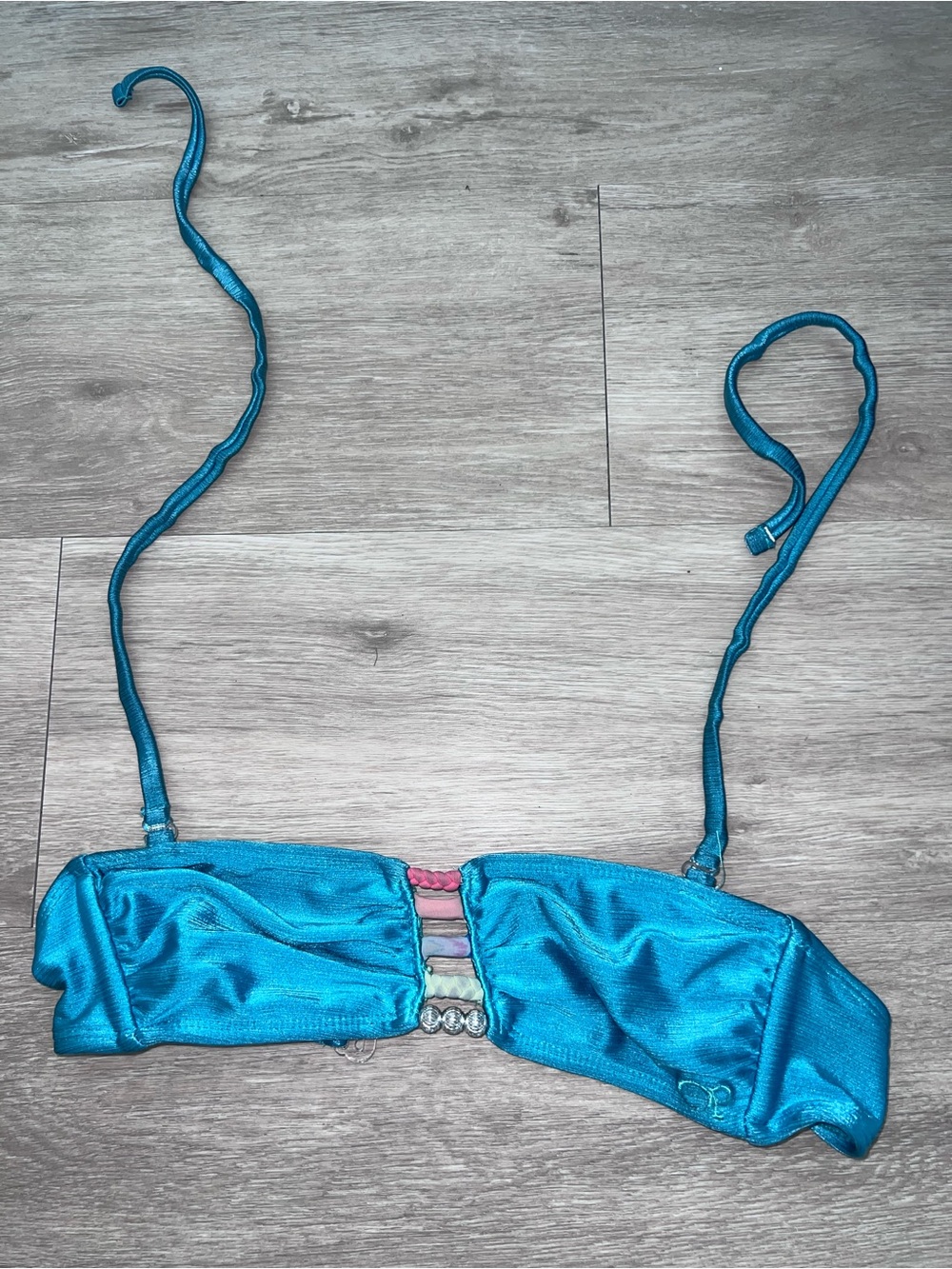 Teal Shimmer Bandeau Bikini Top with Decorative Rings
